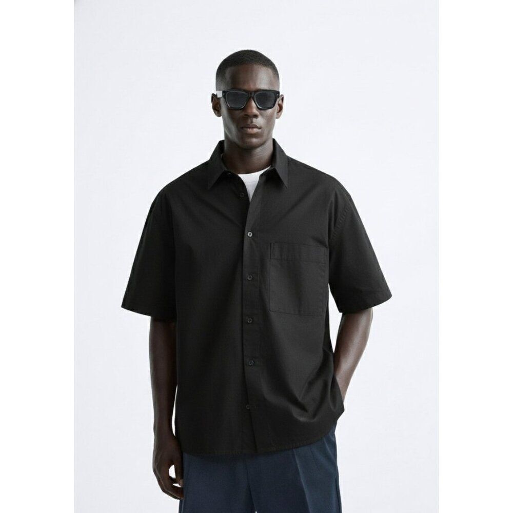 Zara Mens Button Up Shirt XL Black Short Sleeve Poplin Stretch 6917/316 NWOT
